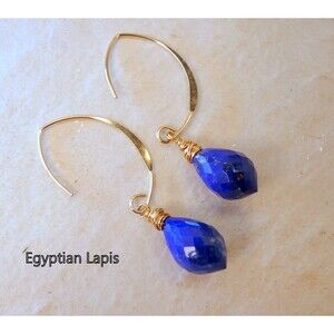 Lapis Lazuli Gold Long Earrings Modern Design Minimalist Handmade Egyptian Stone